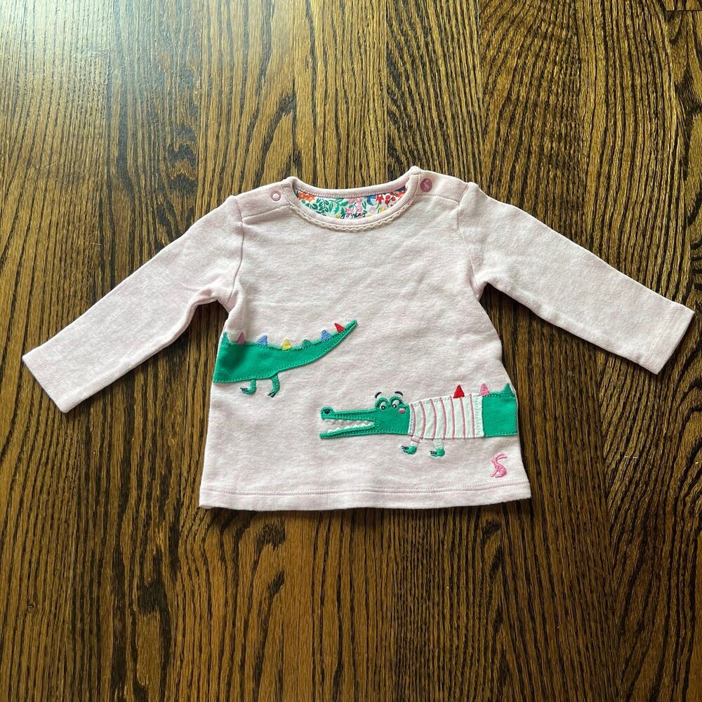 Joules Baby Girl Pink Long Sleeve Crocodile Applique Top (0-3M)